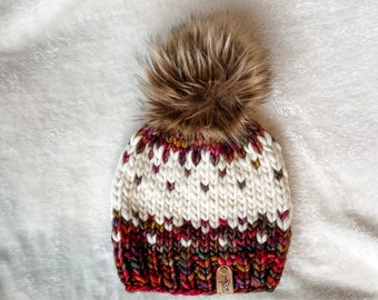 Merino Wool Knit Hat with Faux Fur Pom