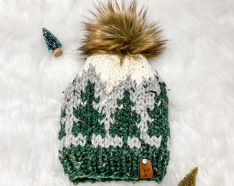 Hand Knit Evergreen Beanie – Removable Faux Fur Pom Pom