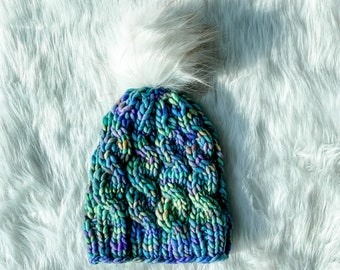 Handknit Cabled Merino Wool Beanie – Adult Hat with Pom Pom