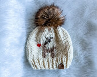 Hand Knit Reindeer Hat – Faux Fur Pom Pom, Winter Beanie