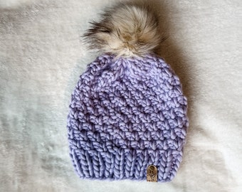 Handknit Merino Wool Beanie – Lavender Irish Moss Stitch Hat, Faux Fur Pom