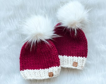 Hand Knit Santa Hat – Red Acrylic Wool, Faux Fur Pom Pom