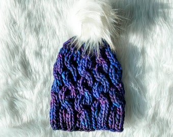Handknit Cabled Merino Wool Beanie – Blues & Purples, Adult Size