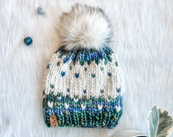 Merino Wool Knit Hat with Faux Fur Pom