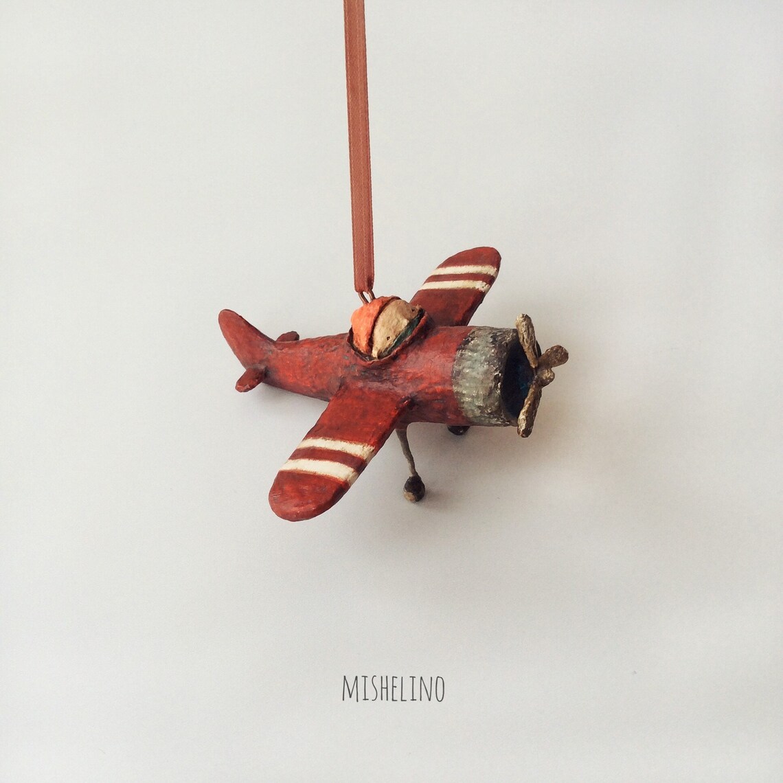 Red airplane ornament/Spun cotton ornies/ Papiermache figurine Etsy