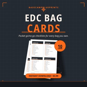 May include: A set of 10 EDC Bag Cards featuring checklists for various bags including camera, range, vehicle, and camping. The white cards have black text and orange accents, with the title EDC BAG CARDS and the text Pocket go/no-go checklists for every bag you own.