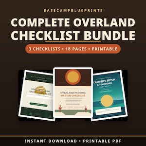 Puede incluir: Un paquete digital titulado BASECAMPBLUEPRINTS COMPLETE OVERLAND CHECKLIST BUNDLE con 3 listas de verificación y 18 páginas. El conjunto incluye una lista de seguridad de vehículos y equipo, una lista maestra de empaque y una lista de montaje y desmontaje.