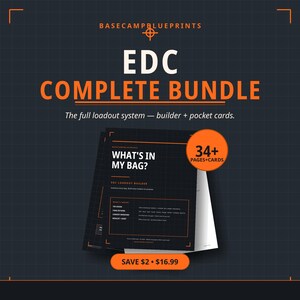 May include: A digital product bundle titled EDC COMPLETE BUNDLE by BASECAMPBLUEPRINTS. The set includes a loadout builder and pocket cards with 34+ pages and cards. The design features a dark grid background with orange text and accents.