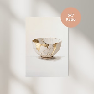 Meningsfull gåva Kintsugi väggkonst dekorationsmålning Kintsugi skål neutrala toner utskrivbar väggkonst Kintsugi digital nedladdning bild 5
