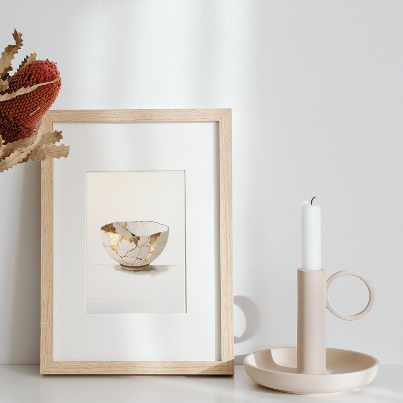 Meningsfull gåva Kintsugi väggkonst dekorationsmålning Kintsugi skål neutrala toner utskrivbar väggkonst Kintsugi digital nedladdning bild 2