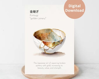 Arte mural Kintsugi de 5" x 7" / Pintura Kintsugi / Cuenco Kintsugi con definición Kintsugi / Tonos neutros / Arte mural imprimible / Descarga digital