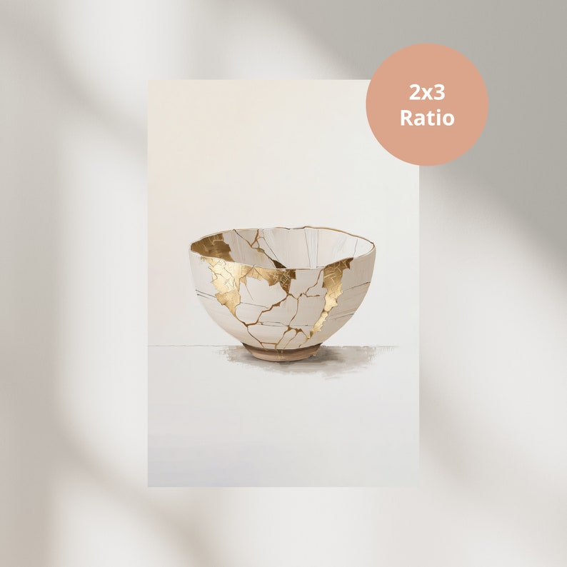 Meningsfull gåva Kintsugi väggkonst dekorationsmålning Kintsugi skål neutrala toner utskrivbar väggkonst Kintsugi digital nedladdning bild 6