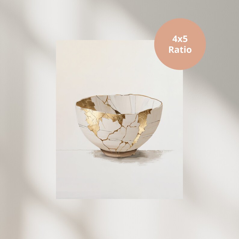 Meningsfull gåva Kintsugi väggkonst dekorationsmålning Kintsugi skål neutrala toner utskrivbar väggkonst Kintsugi digital nedladdning bild 7