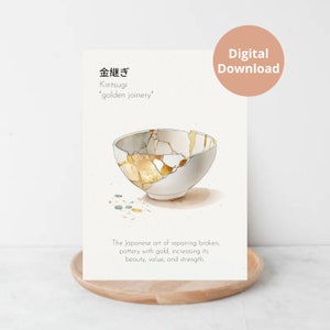 Kintsugi Wall Art Meaningful Gift Neutral Tones Kintsugi Painting Bowl with Kintsugi Definition Printable Wall Art Digital Download Sympathy