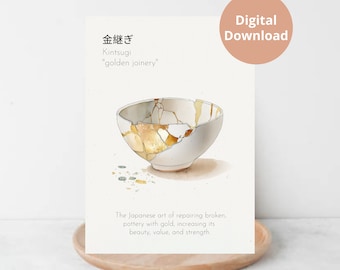 Kintsugi Wall Art Meaningful Gift Neutral Tones Kintsugi Painting Bowl with Kintsugi Definition Printable Wall Art Digital Download Sympathy
