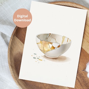 Tarjetas con cuencos Kintsugi / Tarjetas para imprimir por uno mismo / 2 tamaños / 4,25" x 5,5" / 5" x 7" / Tonos neutros / Descarga digital / Tarjeta de condolencias / Tarjeta de agradecimiento