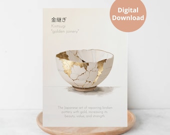 Kintsugi Bowl Art Print, Gold Repair, Neutral Tones (Digital Download) Printable Wall Art Kintsugi Definition Sympathy Gift