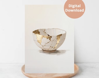 Meaningful Gift Kintsugi Wall Art Decor Painting Kintsugi Bowl Neutral Tones Printable Wall Art Kintsugi Digital Download