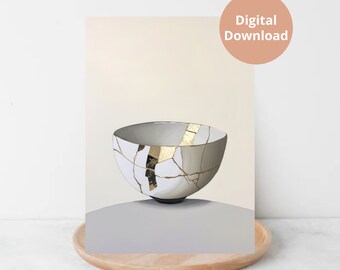 Kintsugi Wall Art / Kintsugi Painting / Kintsugi Bowl / Tonos neutros / Arte de pared imprimible / Descarga digital