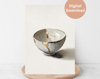 Arte mural Kintsugi / Pintura Kintsugi / Cuenco Kintsugi / Tonos neutros / Arte mural imprimible / Descarga digital