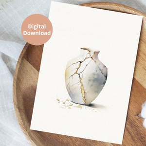 Tarjeta de condolencias Tarjeta de jarrón Kintsugi Tarjetas para imprimir por uno mismo Descarga digital en tonos neutros Tarjeta de agradecimiento Kintsugi Idea de regalo Kintsugi