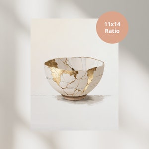 Meningsfull gåva Kintsugi väggkonst dekorationsmålning Kintsugi skål neutrala toner utskrivbar väggkonst Kintsugi digital nedladdning bild 4