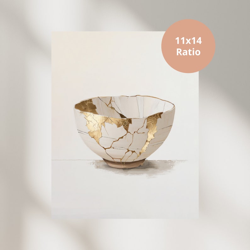 Meningsfull gåva Kintsugi väggkonst dekorationsmålning Kintsugi skål neutrala toner utskrivbar väggkonst Kintsugi digital nedladdning bild 4