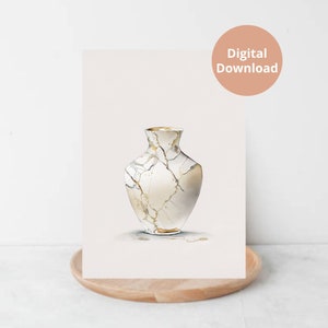 Watercolor Kintsugi Wall Art / Kintsugi Vase / Neutral Tones / Printable Wall Art / Digital Download