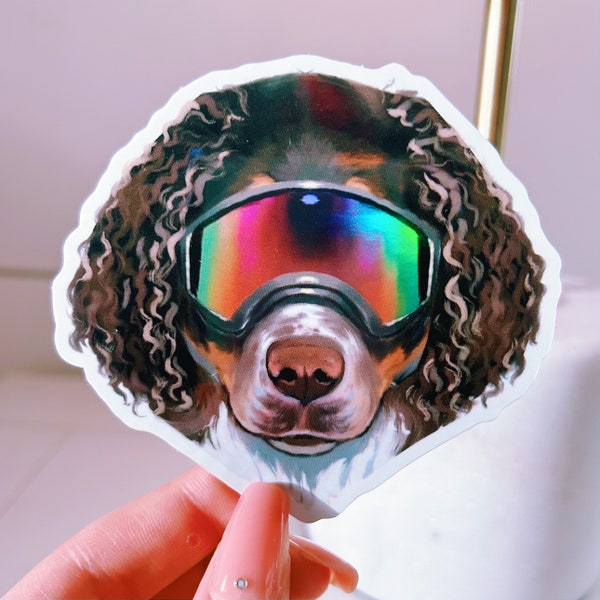 Holographic Brown & White Spaniel Goggles 3” Sticker
