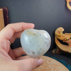 Dendritic Opal Heart Agate Polished Carved Palm Stone Manganese Sacral Chakra Stone Altar Crystal