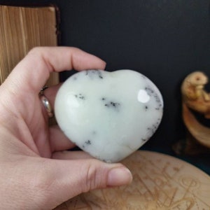 Dendritic Opal Heart Agate Polished Carved Palm Stone Manganese Sacral Chakra Stone Altar Crystal