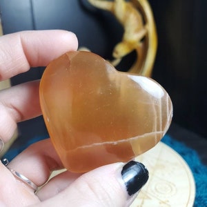 Honey Calcite Heart Amber Calcite Meditation Polished Carved Crystal Heart Palm Stone Banded Calcite Gallet