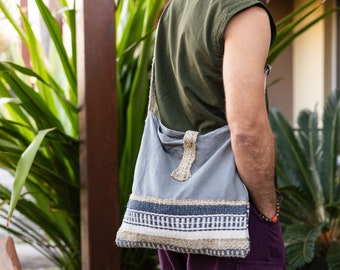 Organic hemp Satchel Bag | Handwoven Hemp Bag with naturally dyed cotton fabric