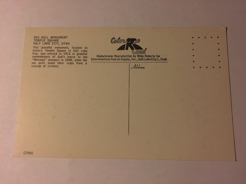Vintage Sea Gull Monument Temple Square Salt Lake City Utah Postcard,Unposted,Utah Postcard