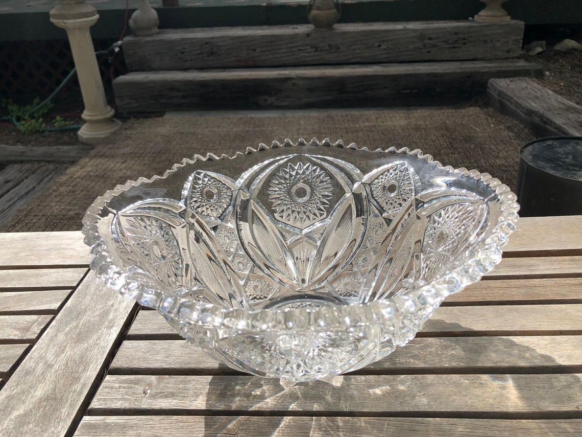Antique Cut Crystal Glass Punch Bowl Sawtooth Edge Pinwheel Etsy