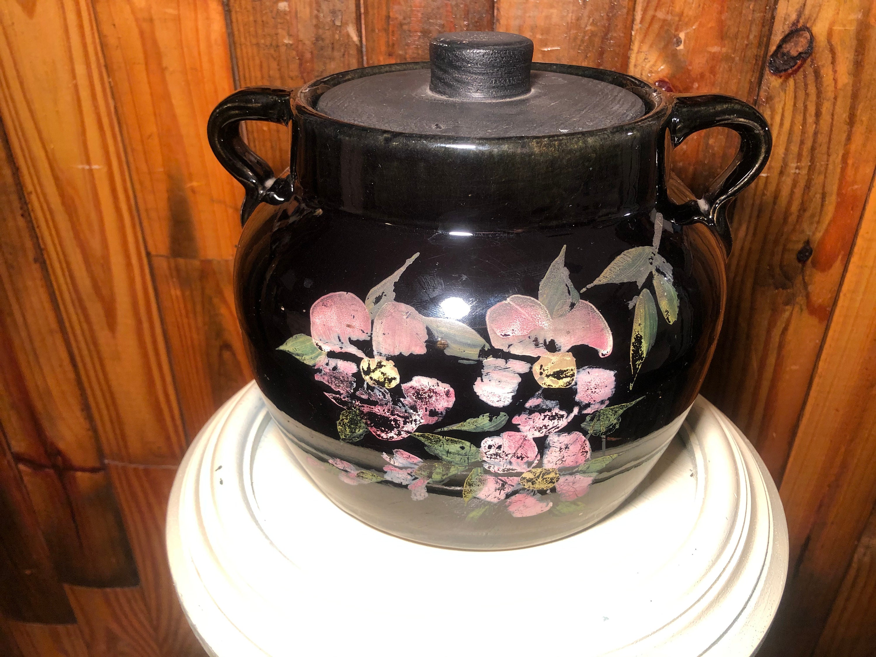 Vintage Stoneware Crock Jar With Lid Black Glaze Floral Hand Etsy