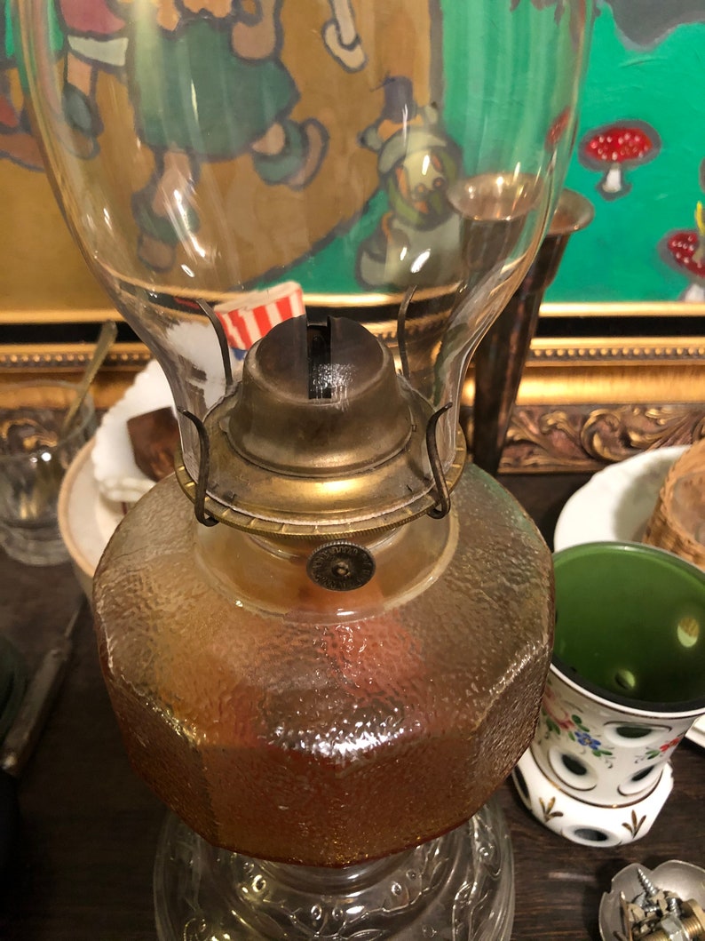 Antique Victorian Glass Oil Lamp 19 Tall W Eagle Burner Etsy