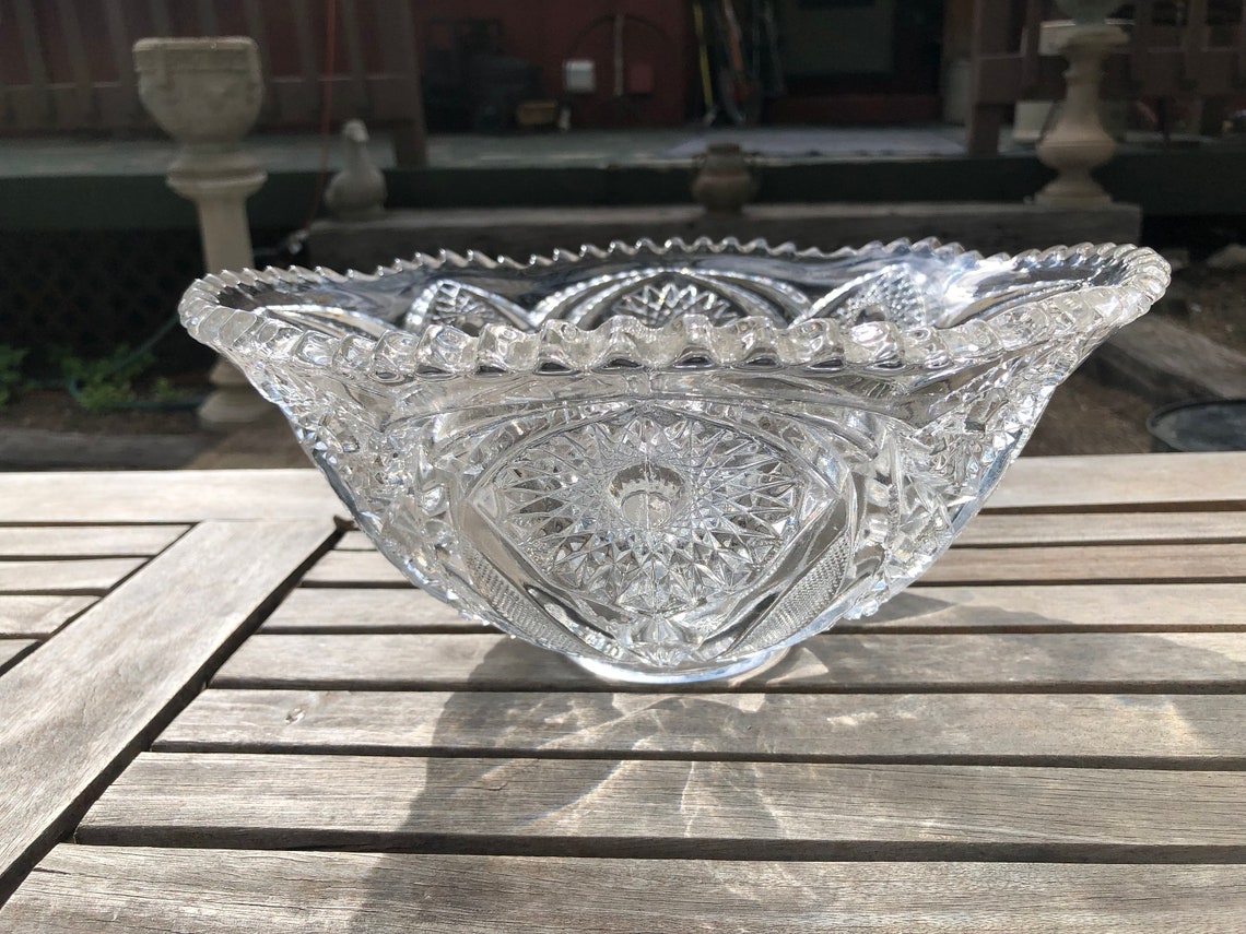 Antique Cut Crystal Glass Punch Bowl Sawtooth Edge Pinwheel Etsy