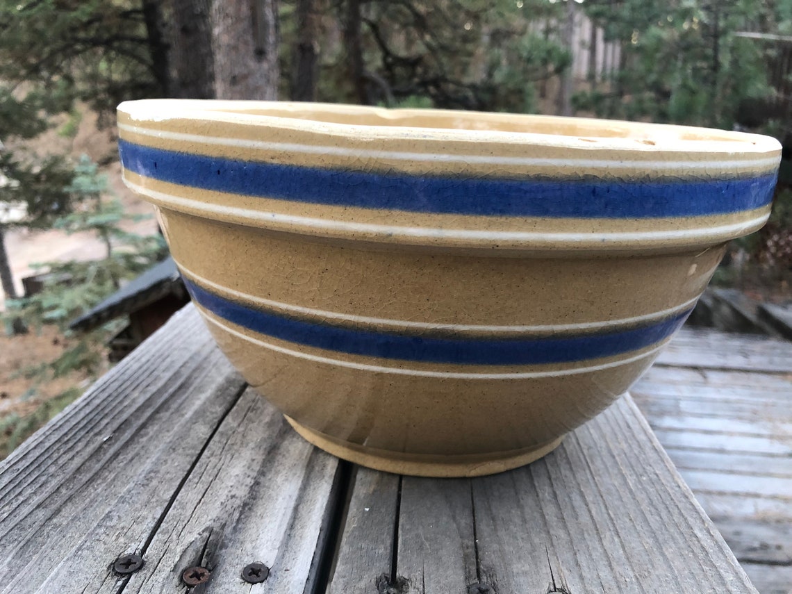 Antique Yellow Ware Mixing Bowl With Blue and White Etsy
