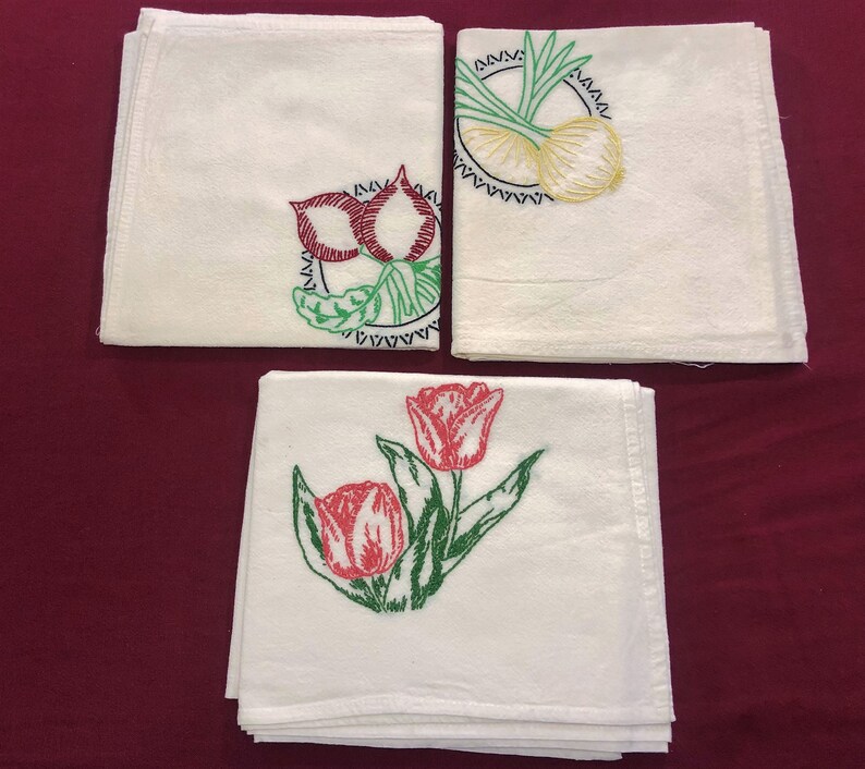 Vintage Embroidered Large Linen Tea Towels Set of 6 Etsy