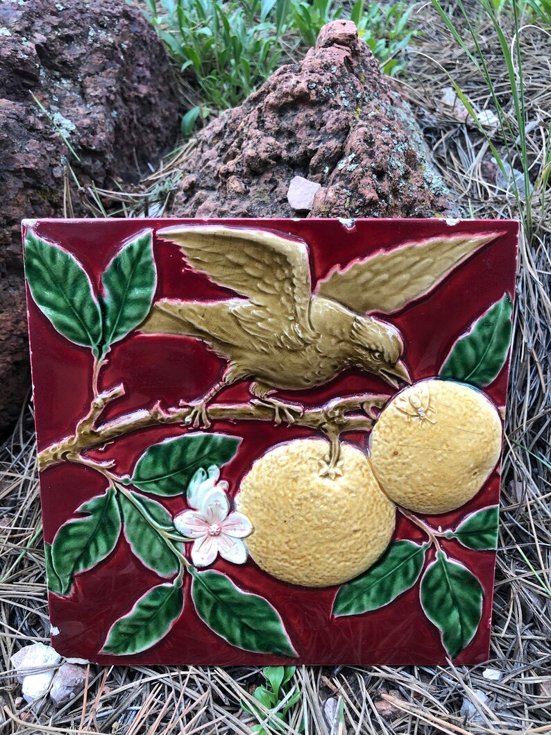 Antique Minton Hollins & Co. Stoke On Trent Tile, Bird On Branch About To Eat shops Bug, Glazed Ceramic Art Tile, Made In England