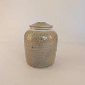 May include: A small, round ceramic jar with a lid. The jar is a muted, speckled grey colour with a slightly lighter band near the top. The lid is a matching grey and sits snugly on top. The jar has a simple, classic design.
