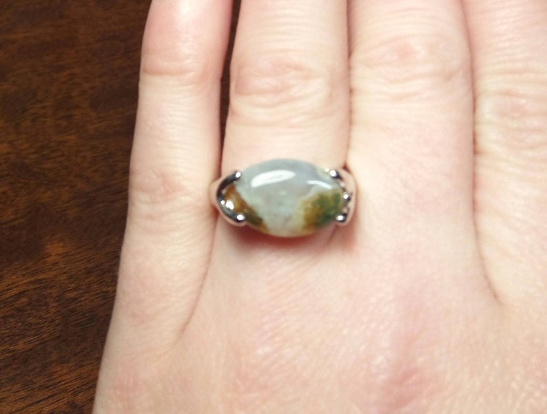 UK size N USA size 6.5 Boho Silver Plated Natural Stone Gemstone Green /& White Moss AGATE Ring Women/'s Natural Stone Ring Birthday Gift