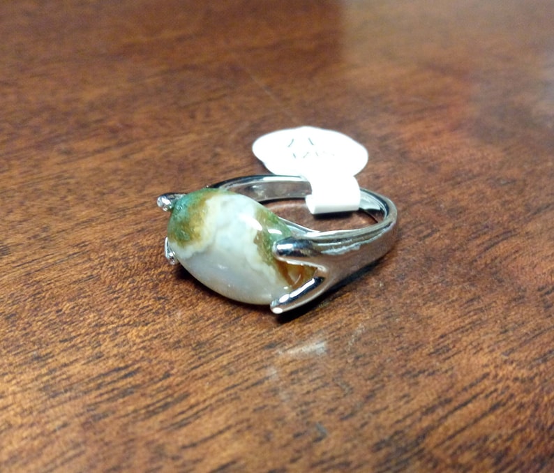 UK size N USA size 6.5 Boho Silver Plated Natural Stone Gemstone Green /& White Moss AGATE Ring Women/'s Natural Stone Ring Birthday Gift