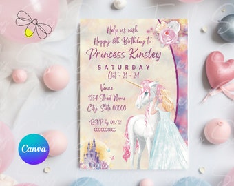 May include: A pink and purple birthday invitation with a unicorn and a princess. The invitation says "Help us wish Happy 8th Birthday to Princess Kinsley, Saturday Oct. 21. 24, Venue 1234 Street Name City, State 00000, RSVP by 09/01"
