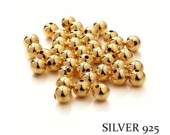 2mm - 18K Gold Plated - 10, 100 or 1000 925 Silver Beads with 18 Carat Gold Galvanization - 1 or 3 microns of your choice