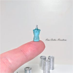Peut inclure: Un petit mannequin bleu translucide avec un dessus argenté, posé sur un doigt. La petite forme est une représentation détaillée d'un torse. Plusieurs petites boîtes argentées sont en arrière-plan. Le texte "Rose Bonbon Miniatures" est en arrière-plan.