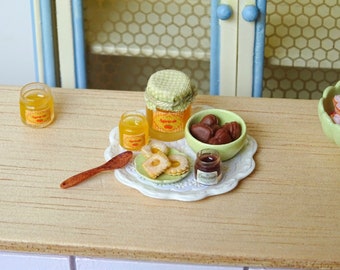 Miniature apricot jam cookies and caramel macaroons with handmade ceramics on a tray in 1:12 scale, OOAK, dollhouse miniature, 12th scale