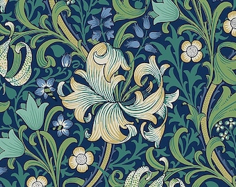 William Morris Buttermere Golden Lily Navy by The Original Morris & Co , Cotton fabric