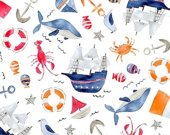 P&B Textiles Ahoy Baby - Maritime Adventures - Soft White, 100% cotton Fabric BHY